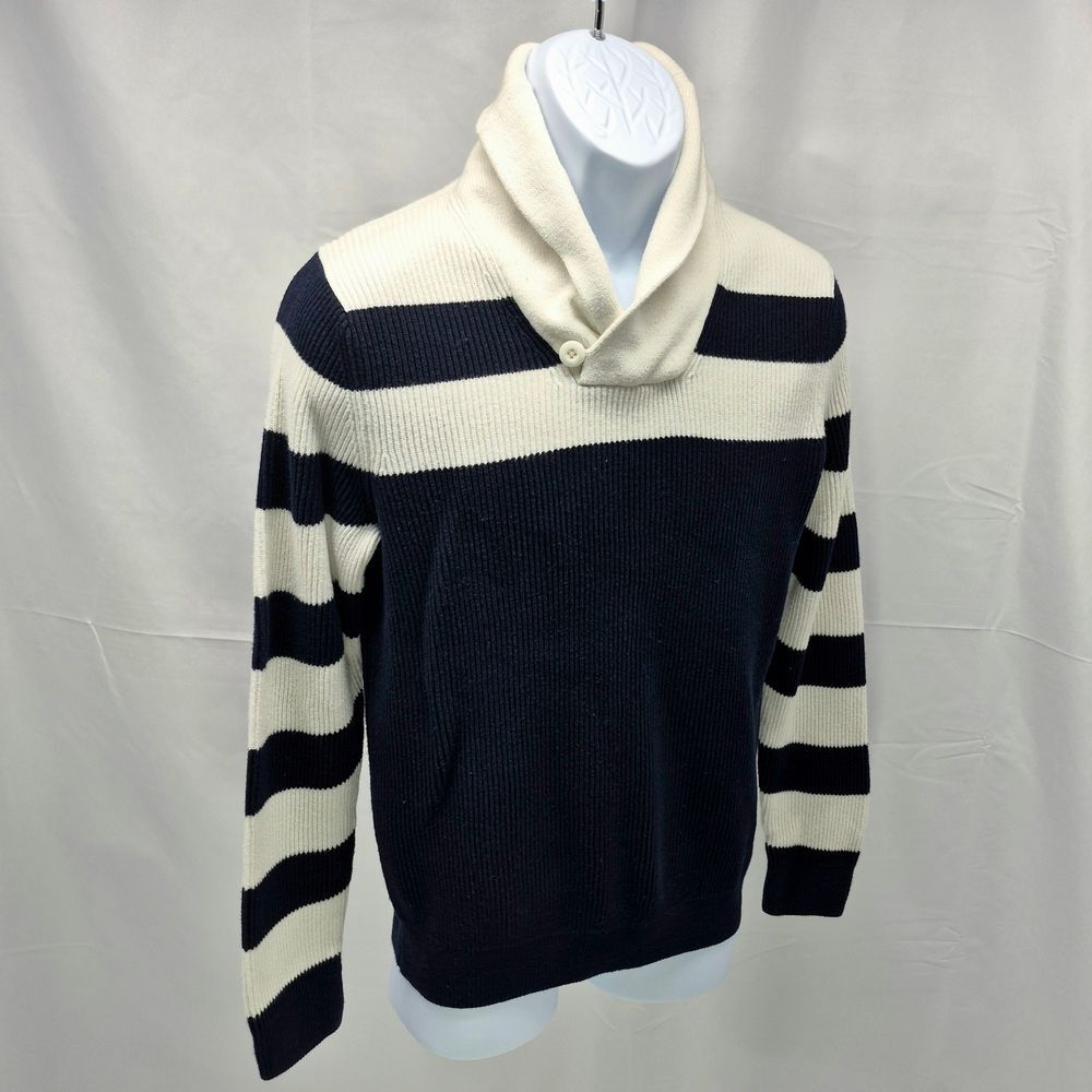 Express Men's Navy Blue White Striped Shawl Collar Pullover Sweater Med. Preppy